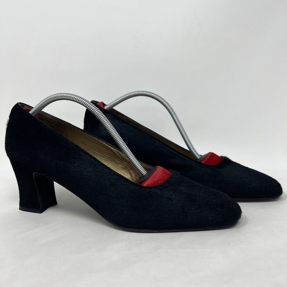 Womens Stuart Weitzman Fur Pumps 9 C Vintage Black Leather Heels Shoes